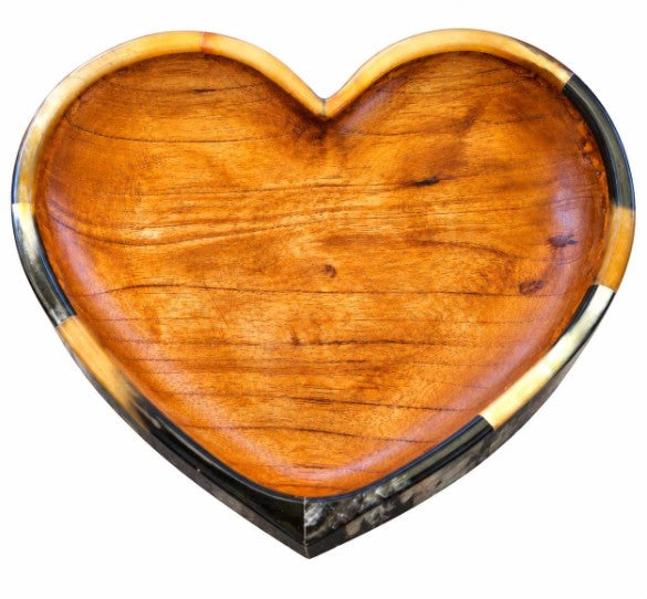 Heart-Shaped Wood & Horn Bowl – Handcrafted, 9" x 7"