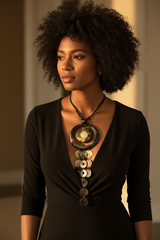 Haitian horn cascade disc necklace worn by woman with natural hair in black V-neck dress with dramatic cascade
