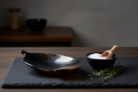 Haitian black horn leaf spoon rest beside black ceramic salt bowl and thyme on dark slate surface