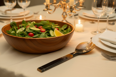 Haitian all-horn salad fork on luxury linen tablecloth beside wooden salad bowl by candlelight