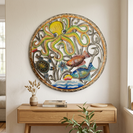 Yellow octopus Haitian metal wall art above a wooden living room console.