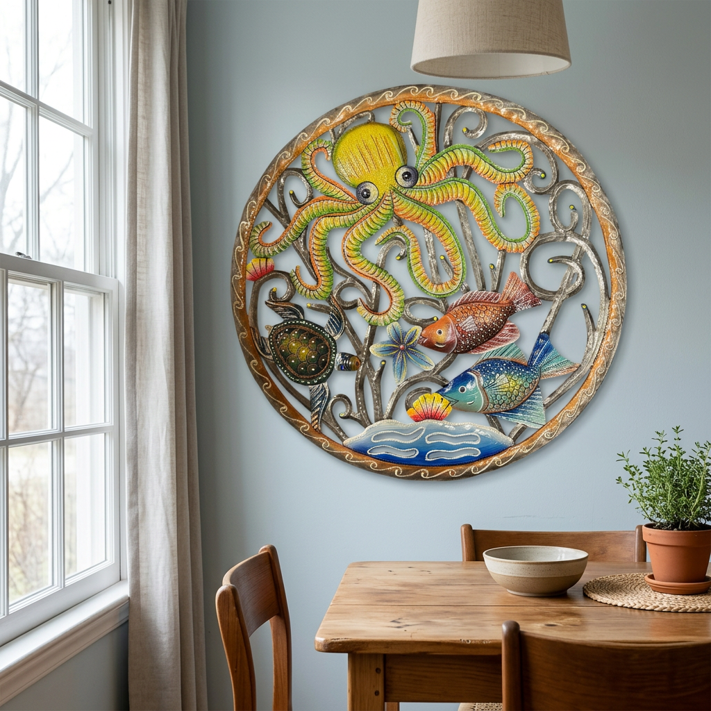 Round yellow octopus steel drum wall art with colorful fish in a dining nook.