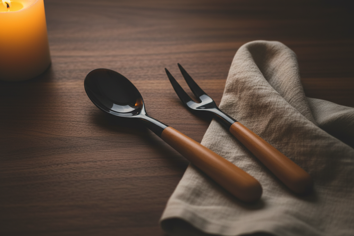 Haitian horn and wood spoon beside matching horn fork on dark walnut surface with linen napkin by candlelight