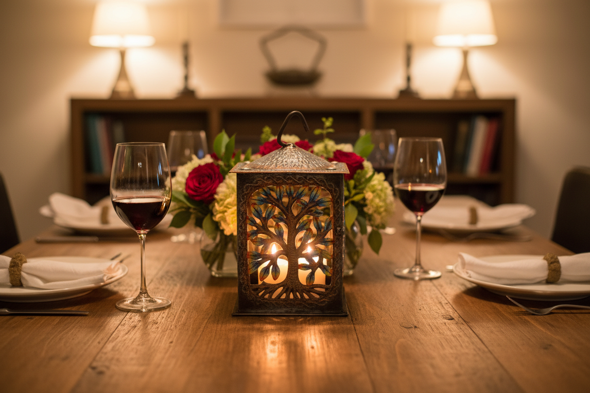 Haitian hand-painted metal lantern as a dining table centerpiece with candle lit inside, wine glasses, linen napkins, and fresh flowers
