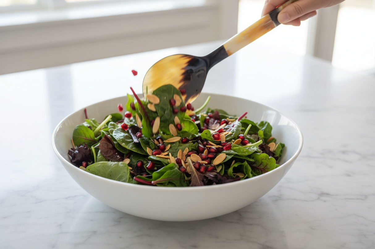 Haitian all-horn salad spoon tossing mixed greens with pomegranate and almonds in white bowl on marble counter