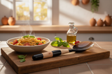 Haitian striped horn spoon resting on rustic board beside pasta bowl and fresh basil in golden light
