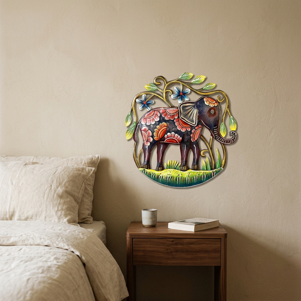 Colorful elephant wall sculpture beside a walnut bedroom nightstand