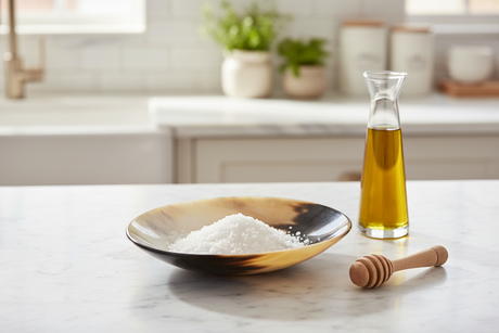 Haitian two-tone horn bowl holding sea salt on marble kitchen counter