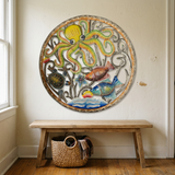 23-inch yellow octopus metal wall art above an entryway bench.