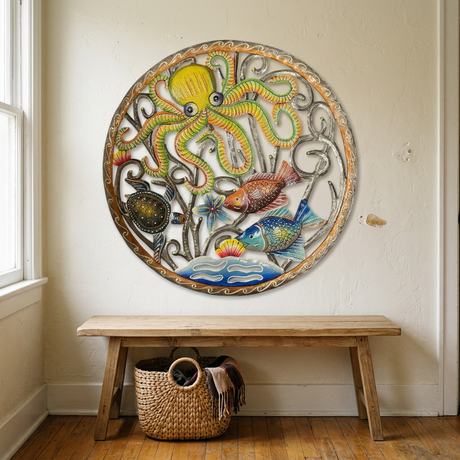 23-inch yellow octopus metal wall art above an entryway bench.