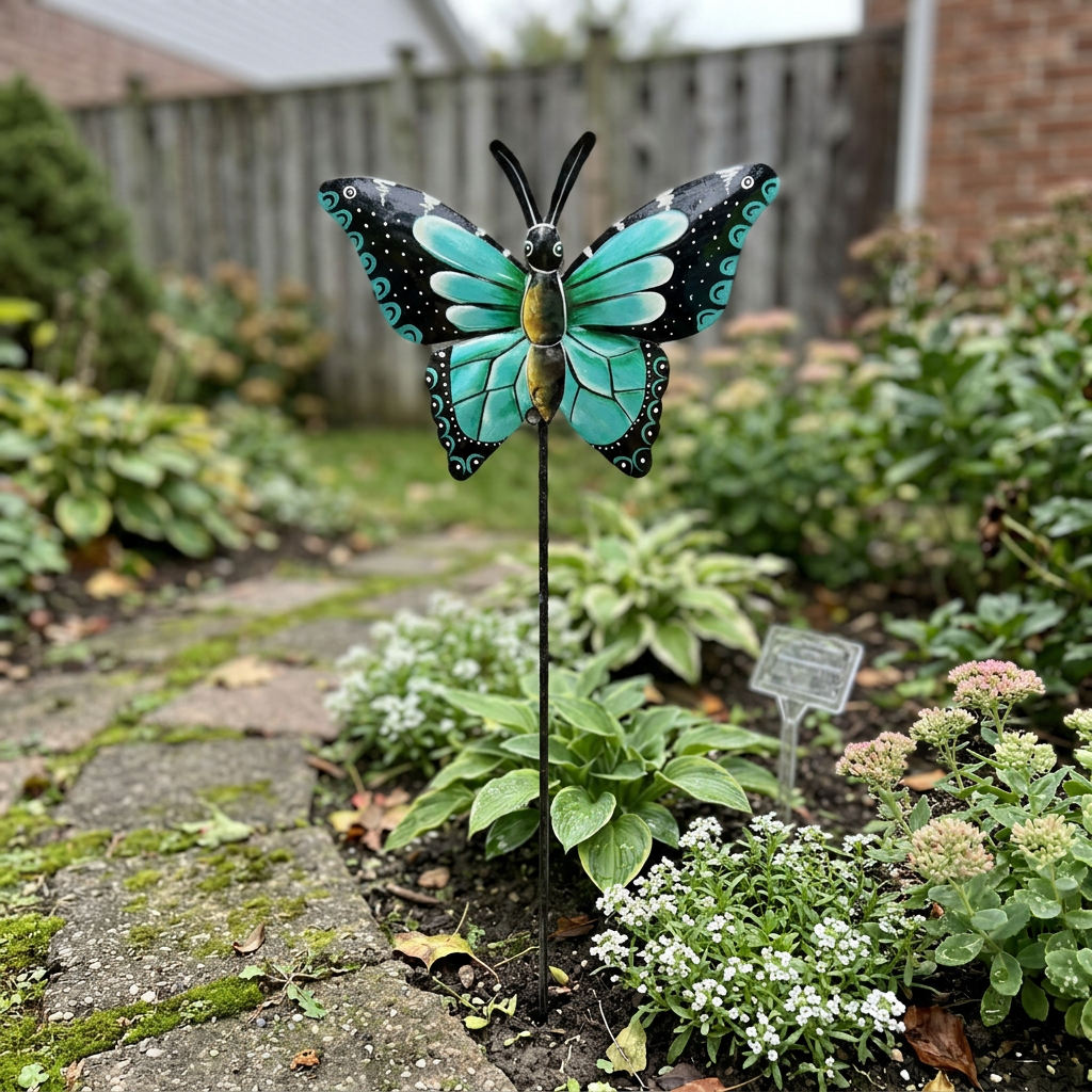 Black and turquoise metal butterfly stake beside a stone garden path