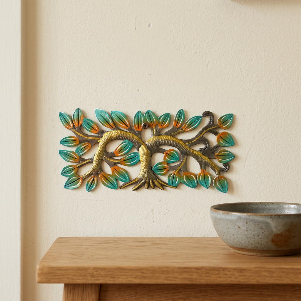 Tiny Haitian metal tree wall art above an oak entryway console