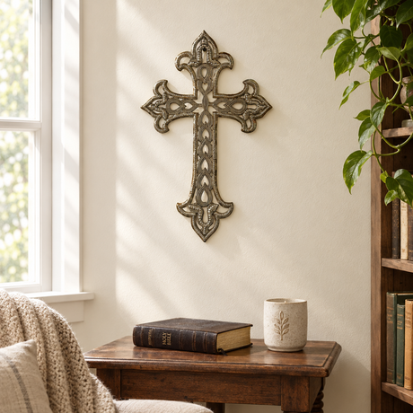 Ornate Haitian metal wall cross in a quiet prayer nook