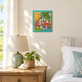 Handpainted Haitian flamingo and palm tree metal wall art in a coastal guest bedroom