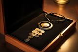 Haitian horn cascade disc necklace displayed in luxury black velvet gift box with golden light