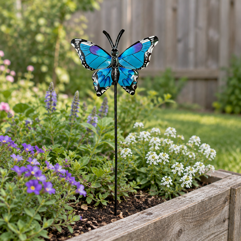 Blue and purple Haitian metal butterfly garden stake in a raised flower bed