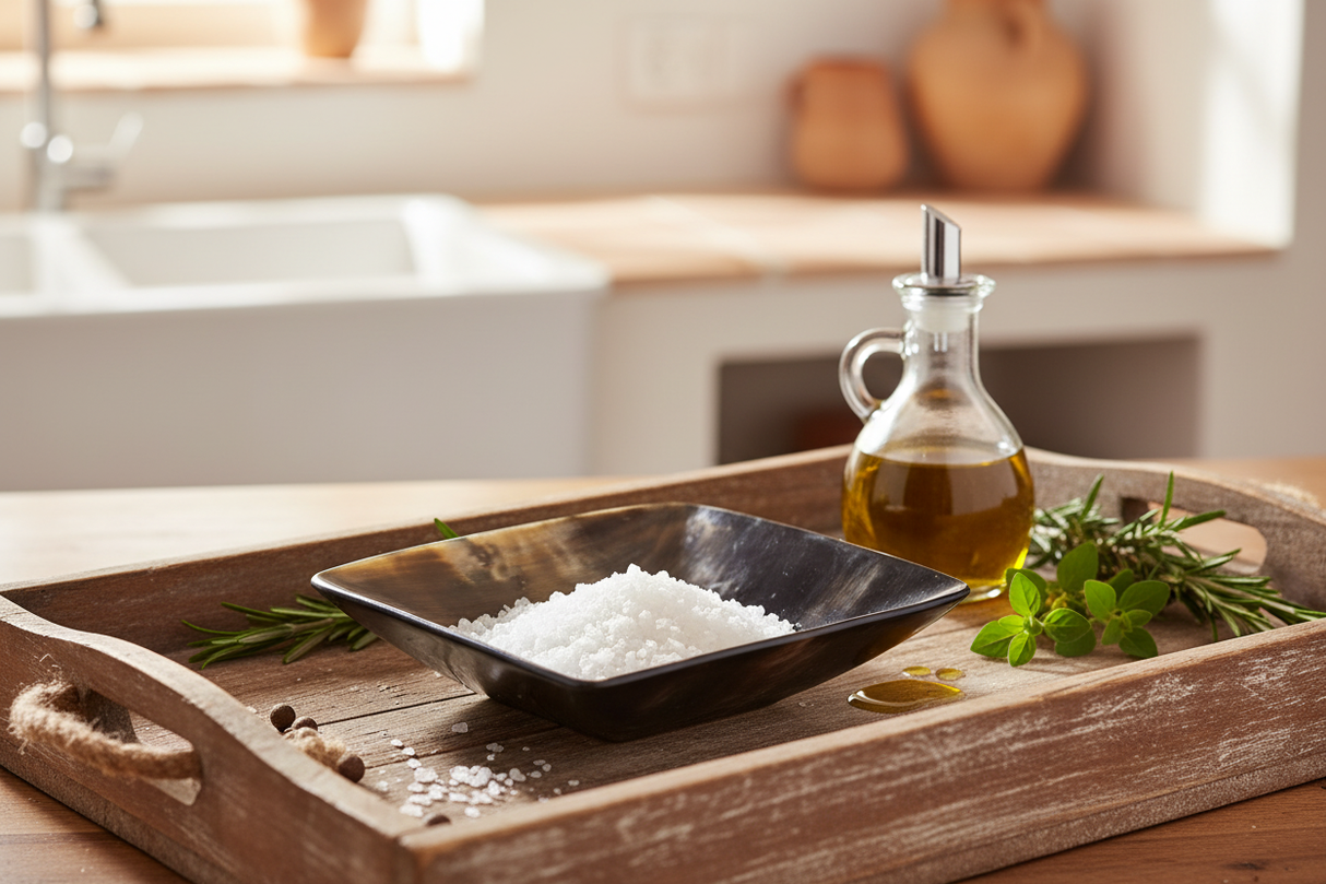 Haitian square ox horn bowl used as condiment dish with sea salt and herbs on rustic wooden tray