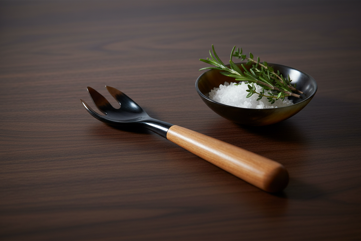 Haitian horn and wood fork beside horn salt bowl and herbs on dark walnut surface with moody lighting