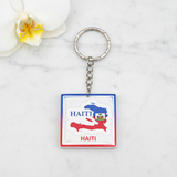 Haiti map square resin keychain on white background – hero product shot