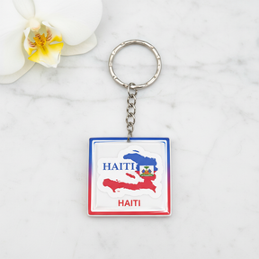 Haiti map square resin keychain on white background – hero product shot