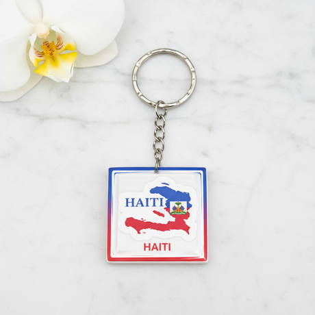 Haiti map square resin keychain on white background – hero product shot