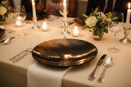 Haitian horn charger plate on luxury dining table with linen napkin and silver cutlery by candlelight