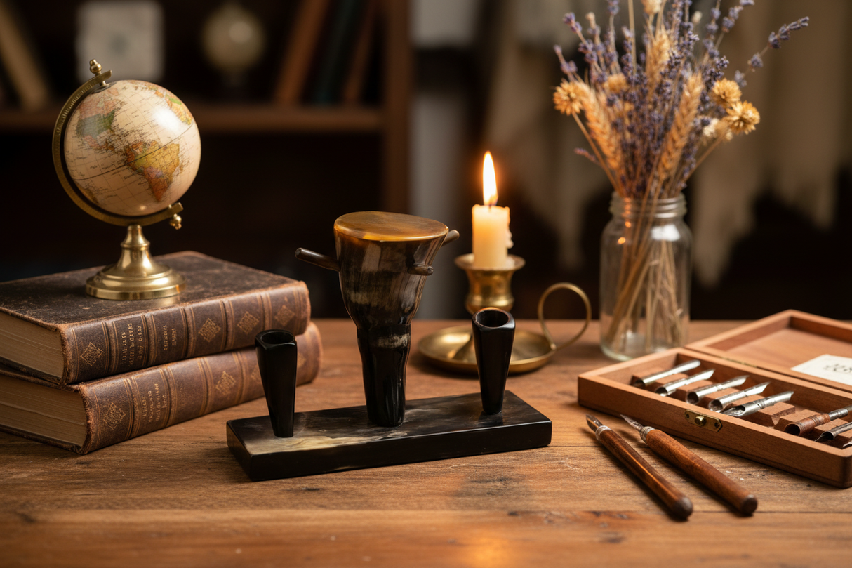 Haitian horn pen and inkwell stand on bohemian writing desk beside vintage books globe and calligraphy pens