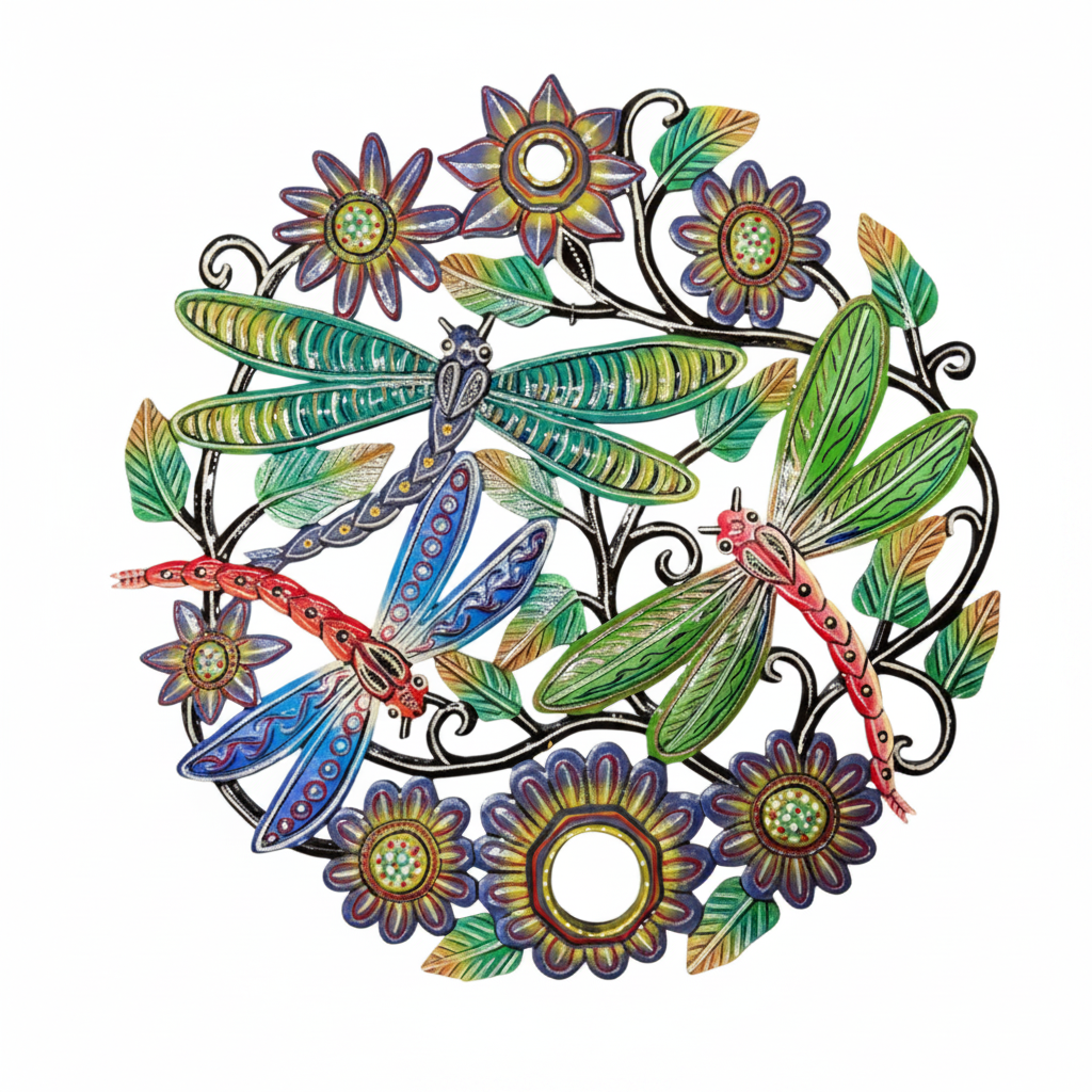 Colorful Haitian dragonfly metal wall art on a white studio background showcasing vibrant hand-painted colors and metalwork detail