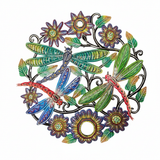 Colorful Haitian dragonfly metal wall art on a white studio background showcasing vibrant hand-painted colors and metalwork detail