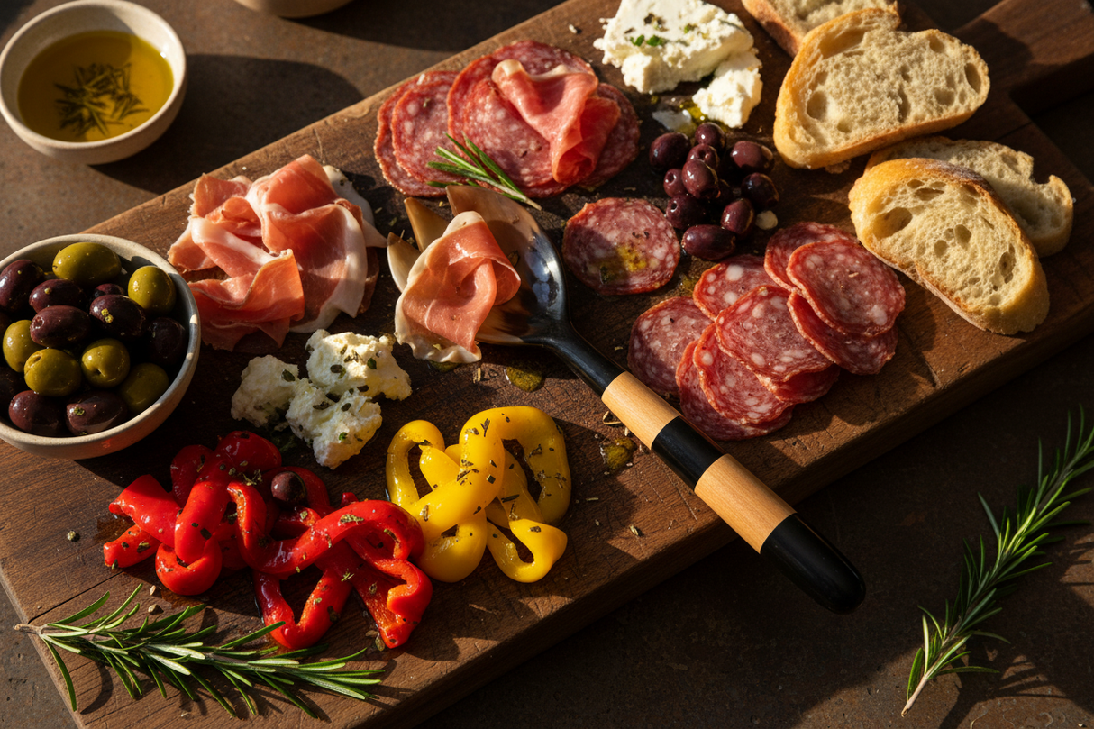 Haitian striped horn fork on luxury charcuterie board with artisan meats olives and roasted peppers