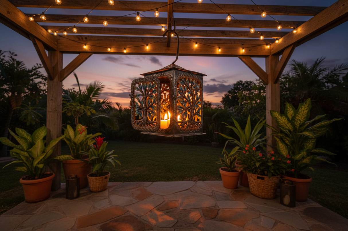 Haitian hand-painted metal lantern hanging from a rustic pergola on a tropical patio at dusk with string lights and candle glowing inside