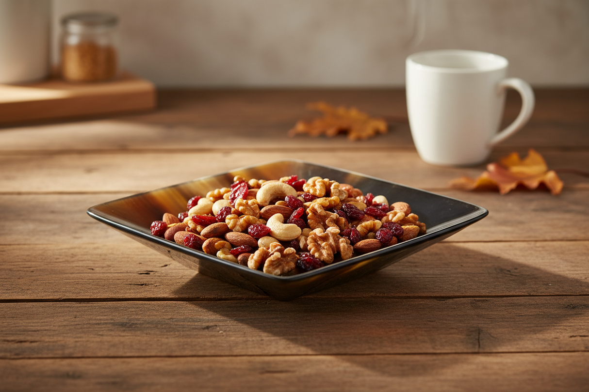 Haitian dark tortoiseshell horn bowl holding roasted nuts and dried cranberries on rustic wooden counter