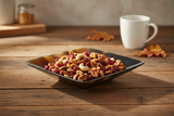 Haitian dark tortoiseshell horn bowl holding roasted nuts and dried cranberries on rustic wooden counter