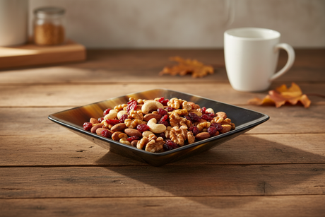 Haitian dark tortoiseshell horn bowl holding roasted nuts and dried cranberries on rustic wooden counter