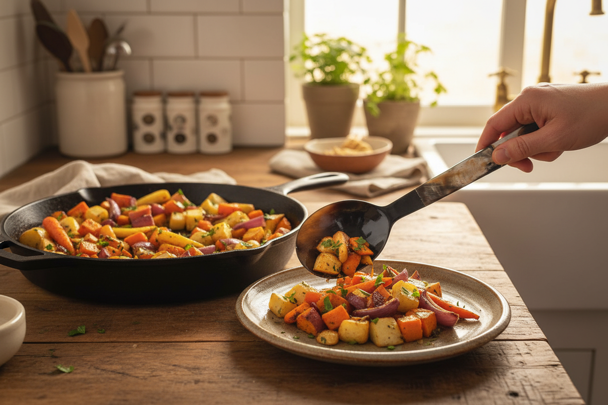 Haitian all-horn grand spoon serving roasted root vegetables from cast iron pan in farmhouse kitchen