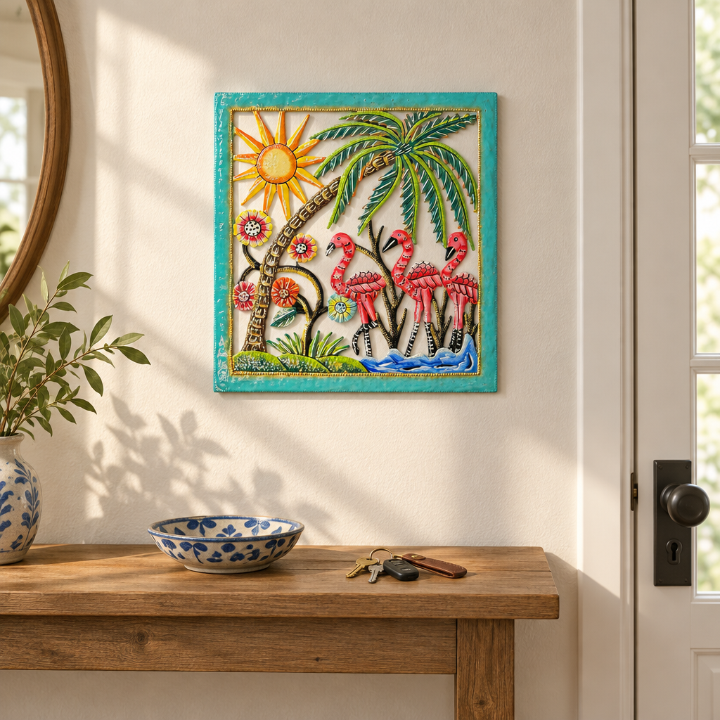 Handpainted Haitian flamingo and palm tree metal wall art above an entryway console
