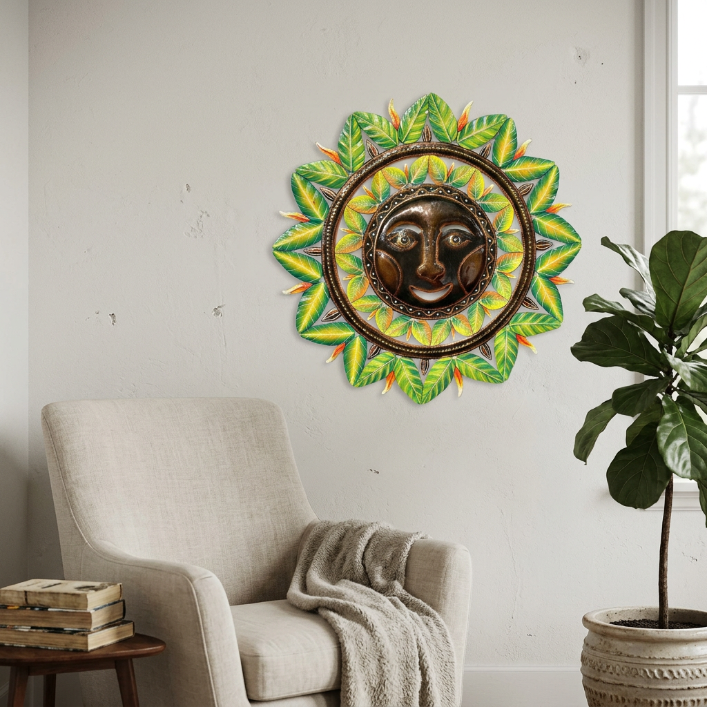 Green sun metal wall art beside a linen reading chair