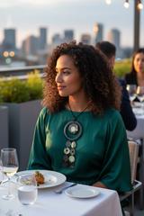 Haitian horn dark ring triple disc cascade necklace worn by woman in emerald green silk dress at elegant rooftop dinner