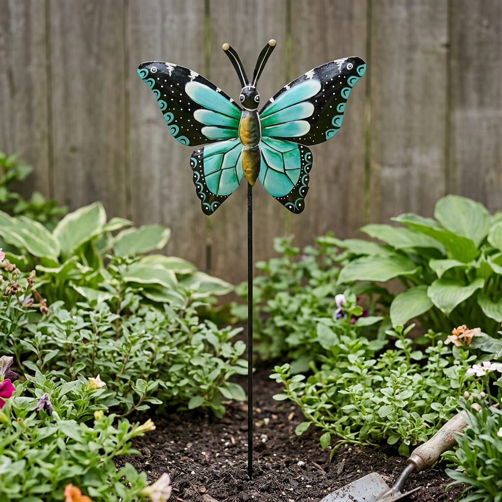 Turquoise and black butterfly garden stake near a wooden fence