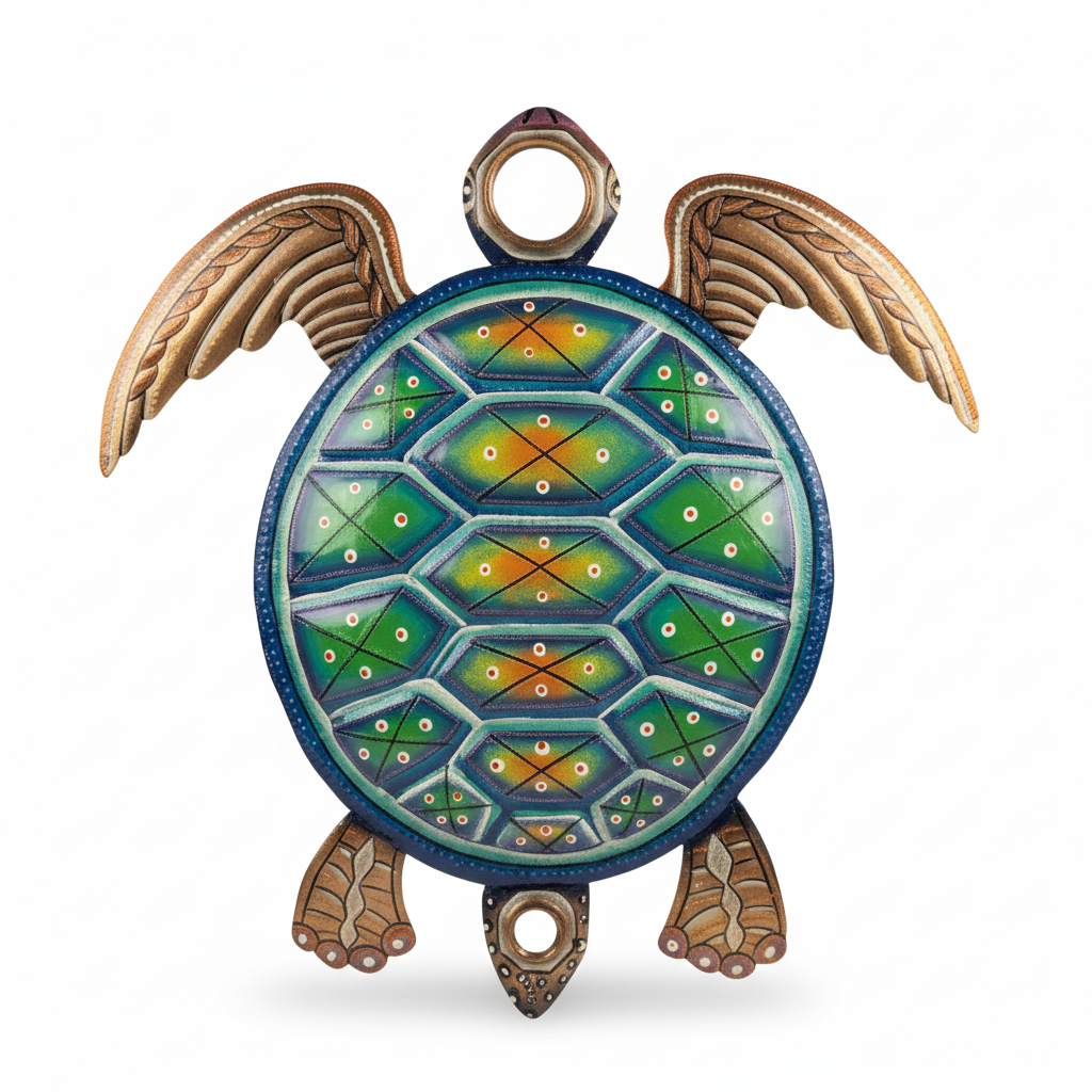 Handcrafted Haitian metal sea turtle sculpture with vibrant hand-painted green, blue, and yellow shell pattern