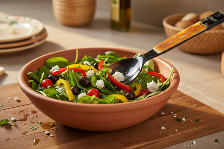 Haitian amber horn salad fork tossing Mediterranean salad with olives and feta in terracotta bowl