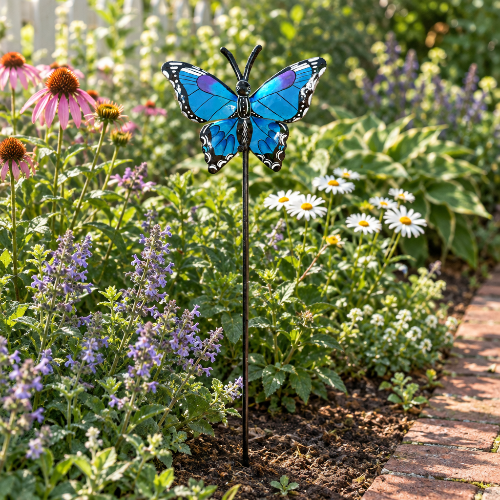 Blue and purple Haitian metal butterfly garden stake in a flower bed beside a brick path