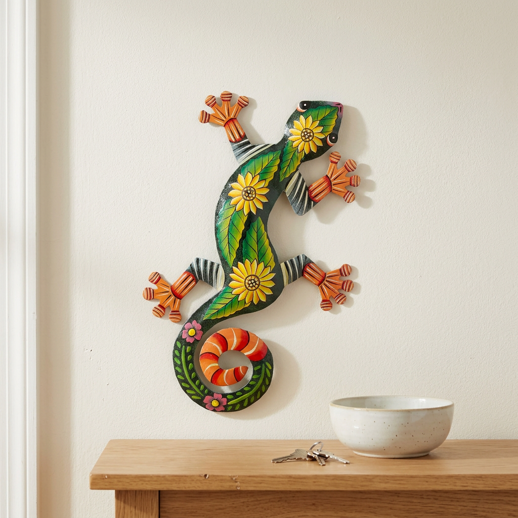 Colorful sunflower lizard metal wall art above an oak entryway console