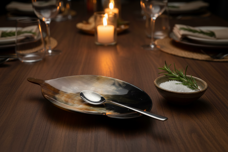 Haitian horn leaf spoon rest holding serving spoon beside salt bowl on dark walnut dining table
