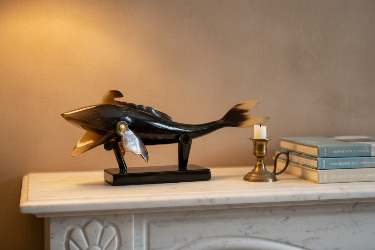 Haitian horn fish sculpture on marble mantelpiece beside brass candlestick and art books