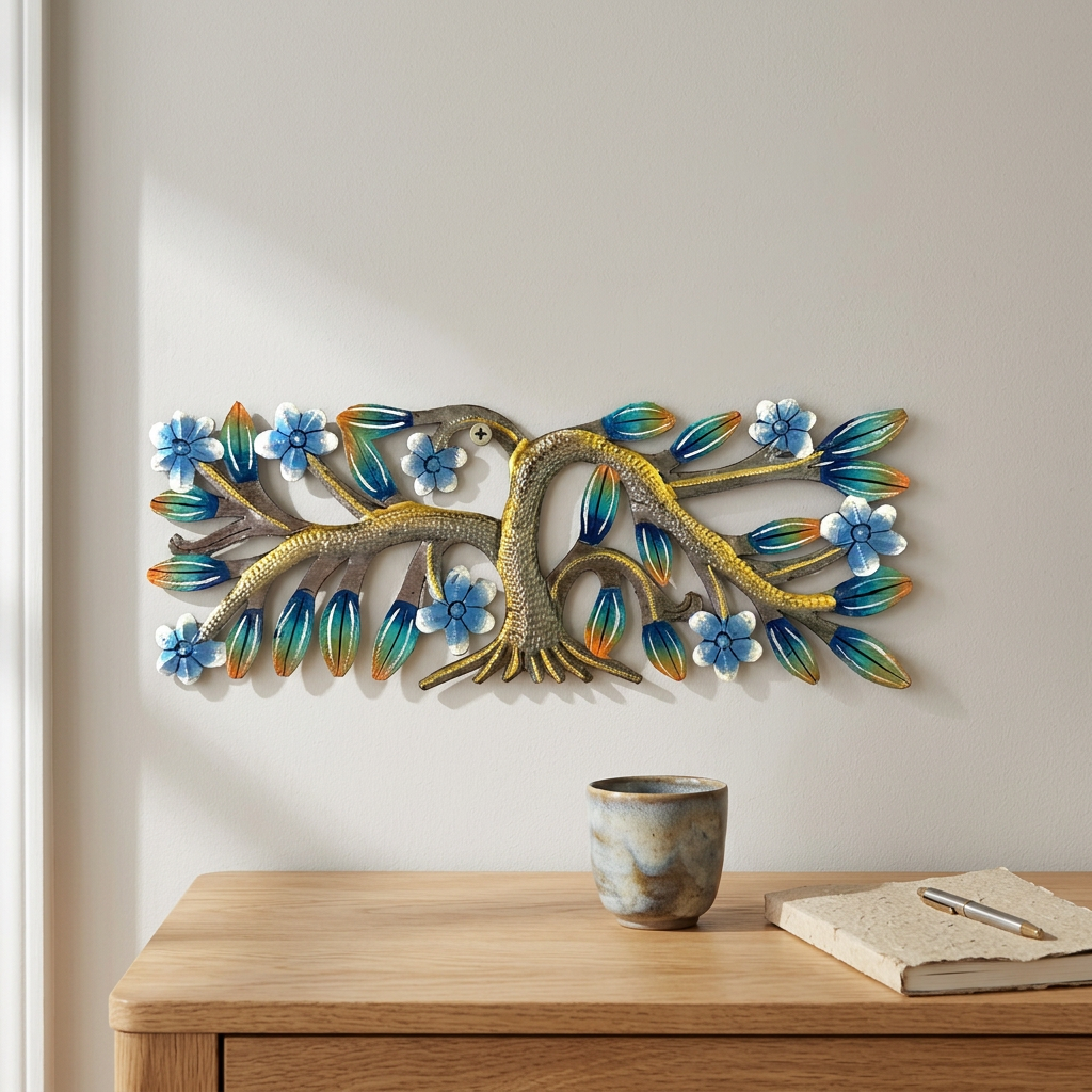 Handmade Haitian metal tree with blue flowers above an oak office desk