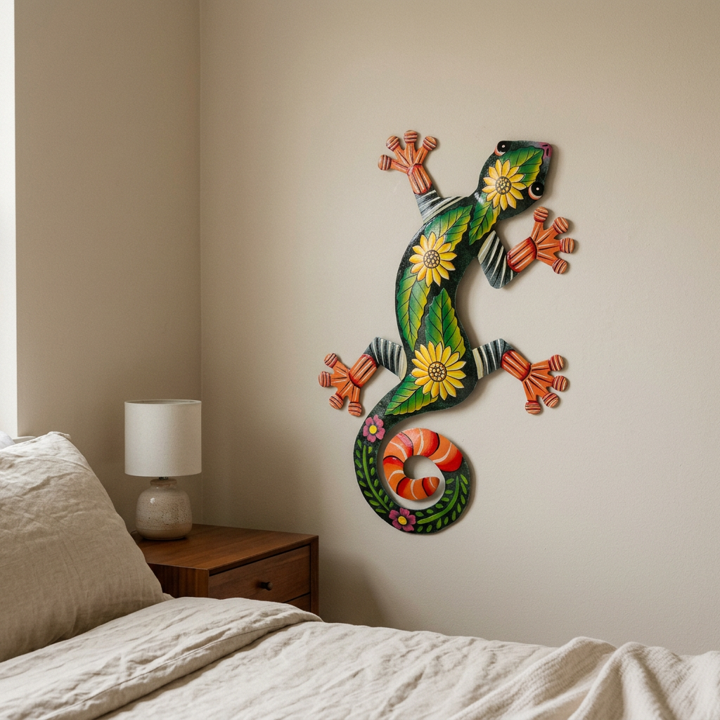 Colorful metal lizard with a curled tail beside a walnut bedroom nightstand