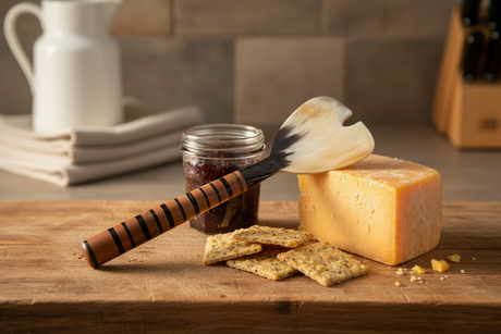 Haitian horn cheese knife beside aged cheddar and fig jam on rustic wooden cheese board in golden light