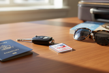 Haiti map keychain with passport and car keys on travel desk