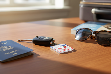 Haiti map keychain with passport and car keys on travel desk